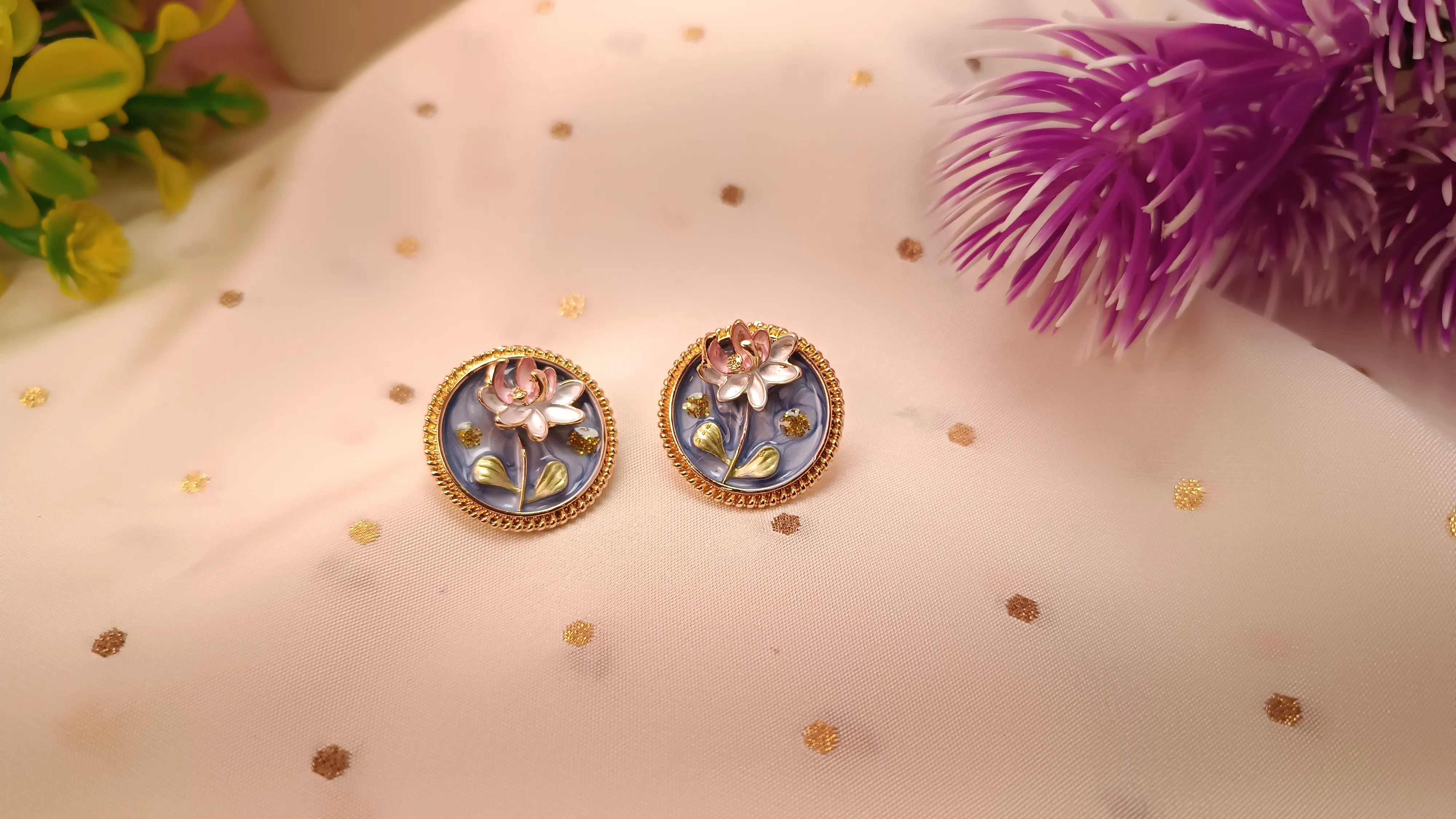 Vintage Bloom Blue Medallion Studs | Hand-Painted Floral Cameo Earrings with Gold Beaded Border